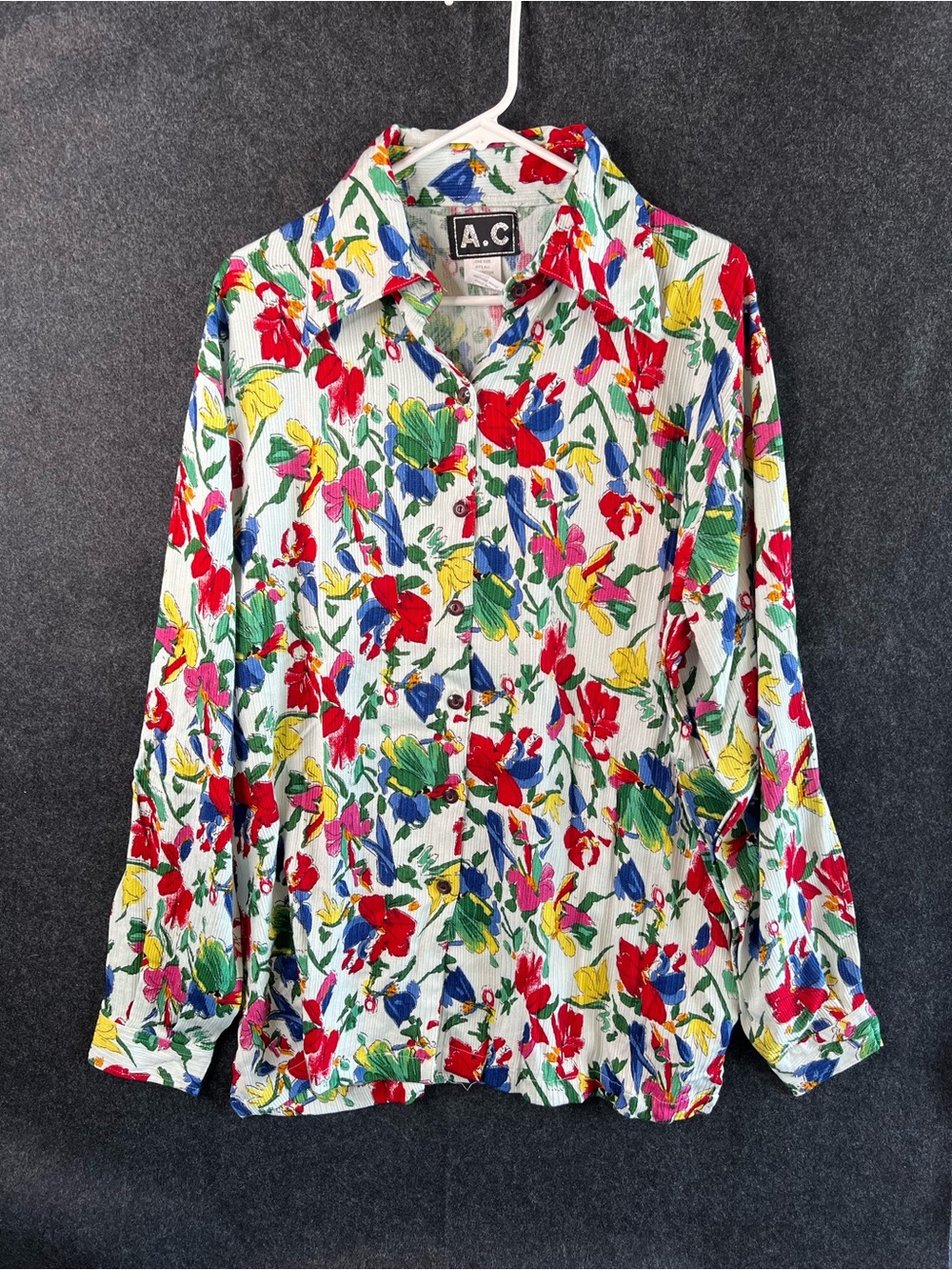 Vintage A.C Abstract Floral‎ Pattern 80s Seersucker Blouse Shirt Women’s Size XL